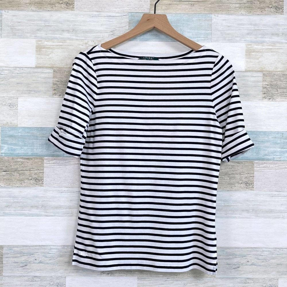 LRL Ralph Lauren Striped Boat Neck Tee White Black Cuffed Sleeve Womens Medium